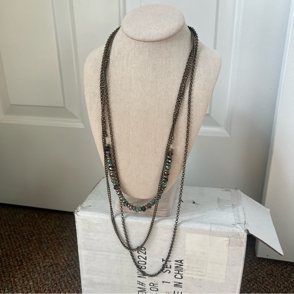 Bronze chain multilayer oil slick borealis beaded shiny crystal necklace - Picture 1 of 7